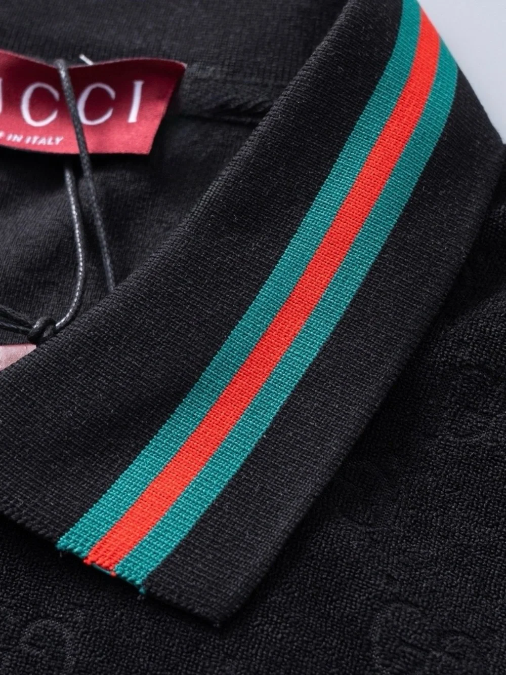Gucci Black GG-Print Polo with Green and Red-Trim Collar